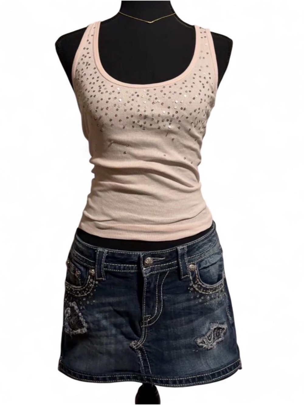 Upcycled Miss Me Light Blush Ribbed Rhinestone Tank